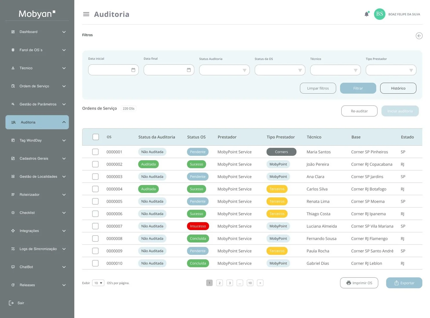 Lista de ordens de serviço para auditoria, com filtros por data, status da auditoria, status da OS, técnico e tipo de prestador, e os botões Re-auditar e Iniciar auditoria.