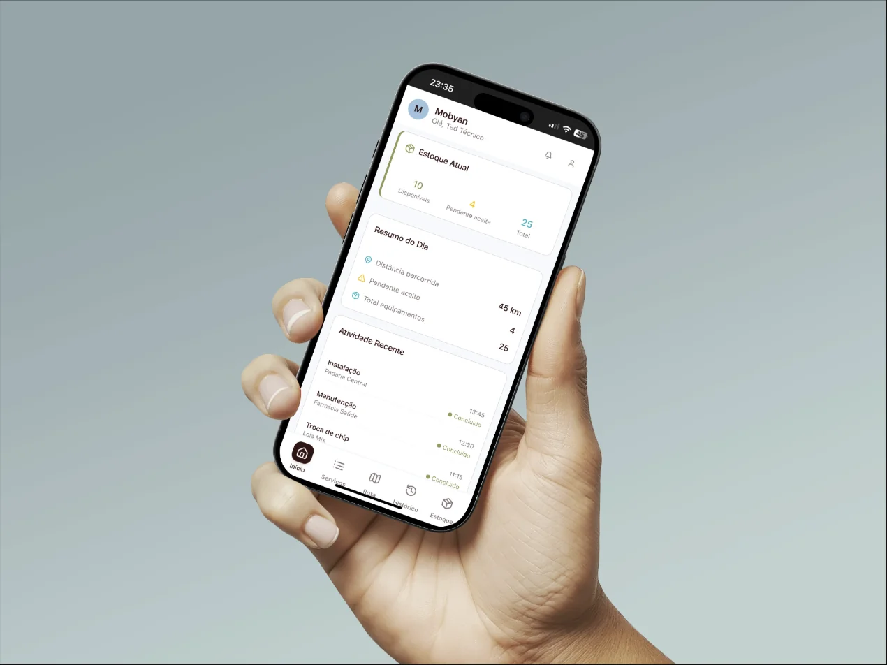 Novo MobyApp: início com estoque, resumo do dia e atividade recente, e navegação por serviços, rota, histórico e estoque.