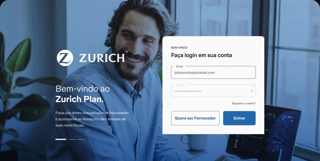 Tela de entrada do Zurich Plan, com login do fornecedor e o botão Quero ser Fornecedor.